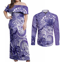 Polynesian Hibiscus Flower Tribal Couples Matching Off Shoulder Maxi Dress and Long Sleeve Button Shirt Violet Color LT9 Violet - Polynesian Pride