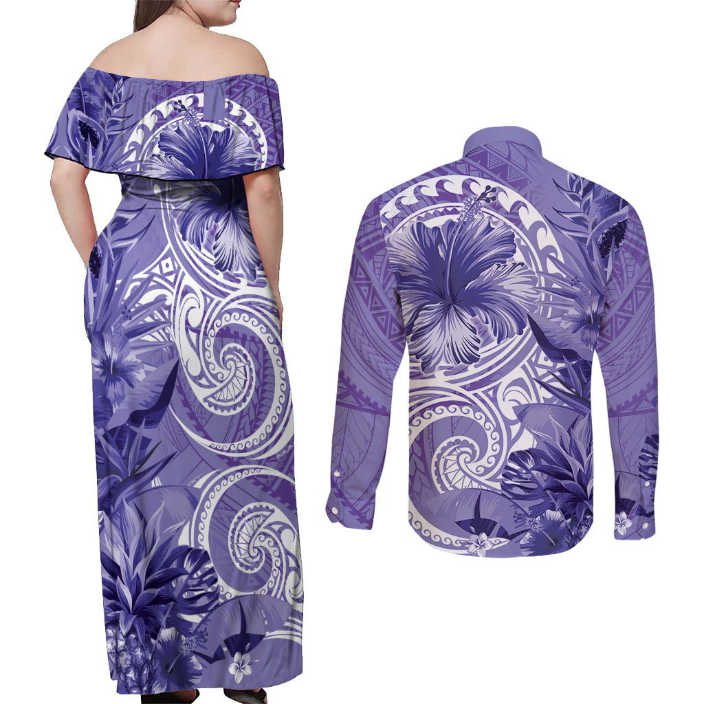 Polynesian Hibiscus Flower Tribal Couples Matching Off Shoulder Maxi Dress and Long Sleeve Button Shirt Violet Color LT9 - Polynesian Pride