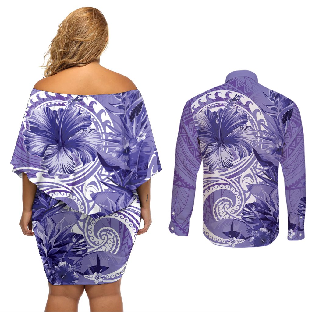Polynesian Hibiscus Flower Tribal Couples Matching Off Shoulder Short Dress and Long Sleeve Button Shirt Violet Color LT9 - Polynesian Pride