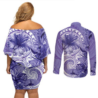 Polynesian Hibiscus Flower Tribal Couples Matching Off Shoulder Short Dress and Long Sleeve Button Shirt Violet Color LT9 - Polynesian Pride