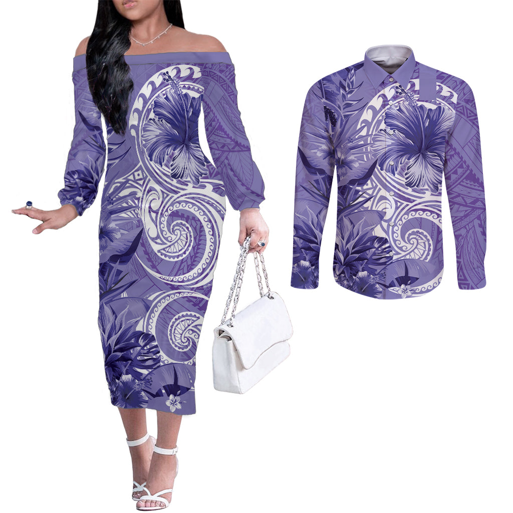 Polynesian Hibiscus Flower Tribal Couples Matching Off The Shoulder Long Sleeve Dress and Long Sleeve Button Shirt Violet Color LT9 Violet - Polynesian Pride