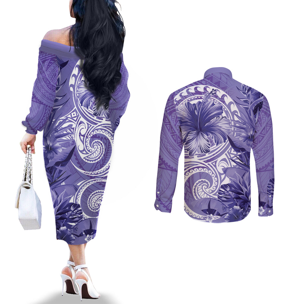 Polynesian Hibiscus Flower Tribal Couples Matching Off The Shoulder Long Sleeve Dress and Long Sleeve Button Shirt Violet Color LT9 - Polynesian Pride