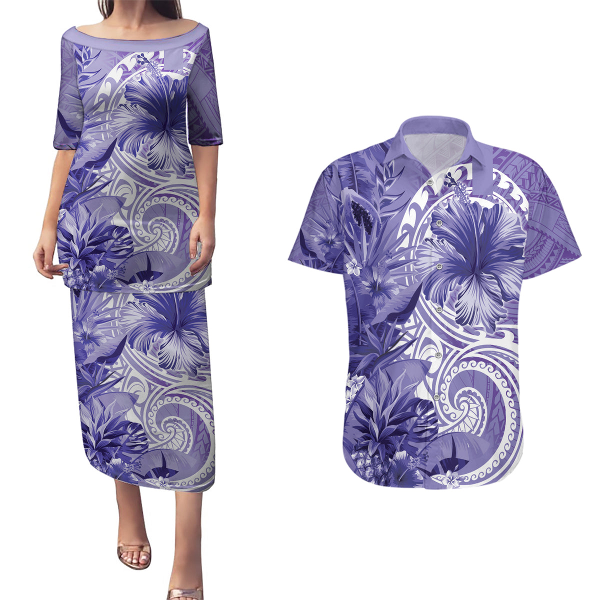 Polynesian Hibiscus Flower Tribal Couples Matching Puletasi and Hawaiian Shirt Violet Color LT9 Violet - Polynesian Pride