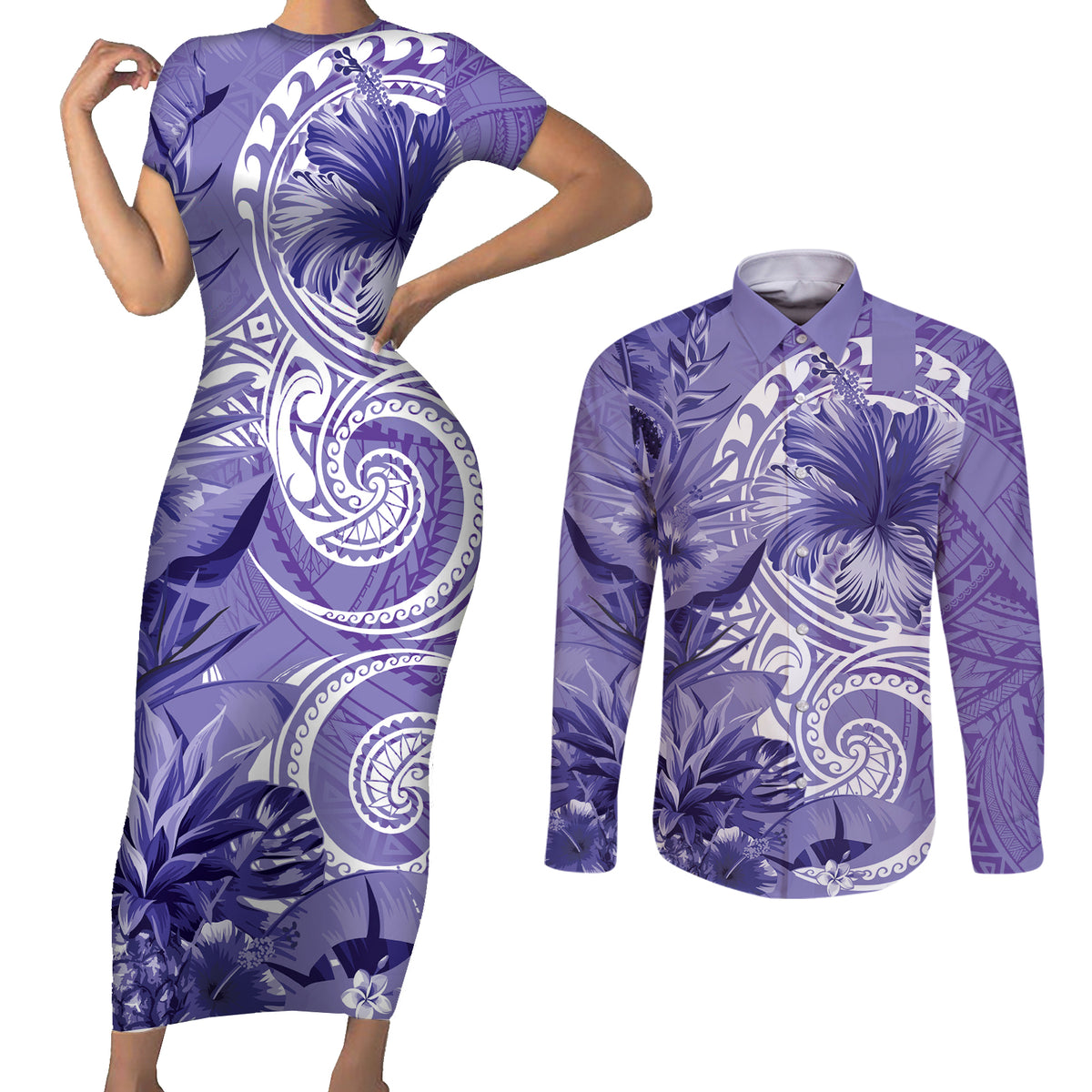 Polynesian Hibiscus Flower Tribal Couples Matching Short Sleeve Bodycon Dress and Long Sleeve Button Shirt Violet Color LT9 Violet - Polynesian Pride