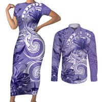 Polynesian Hibiscus Flower Tribal Couples Matching Short Sleeve Bodycon Dress and Long Sleeve Button Shirt Violet Color LT9 Violet - Polynesian Pride
