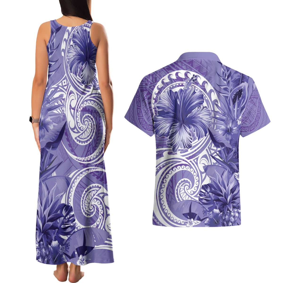 Polynesian Hibiscus Flower Tribal Couples Matching Tank Maxi Dress and Hawaiian Shirt Violet Color LT9 - Polynesian Pride