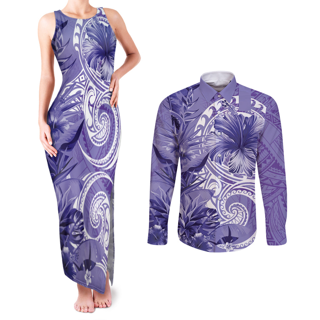 Polynesian Hibiscus Flower Tribal Couples Matching Tank Maxi Dress and Long Sleeve Button Shirt Violet Color LT9 Violet - Polynesian Pride