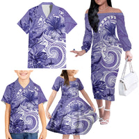 Polynesian Hibiscus Flower Tribal Family Matching Off The Shoulder Long Sleeve Dress and Hawaiian Shirt Violet Color LT9 - Polynesian Pride