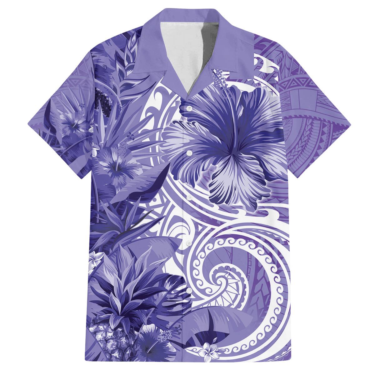 Polynesian Hibiscus Flower Tribal Family Matching Off Shoulder Maxi Dress and Hawaiian Shirt Violet Color LT9 Dad's Shirt - Short Sleeve Violet - Polynesian Pride