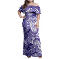 Polynesian Hibiscus Flower Tribal Family Matching Off Shoulder Maxi Dress and Hawaiian Shirt Violet Color LT9 Mom's Dress Violet - Polynesian Pride