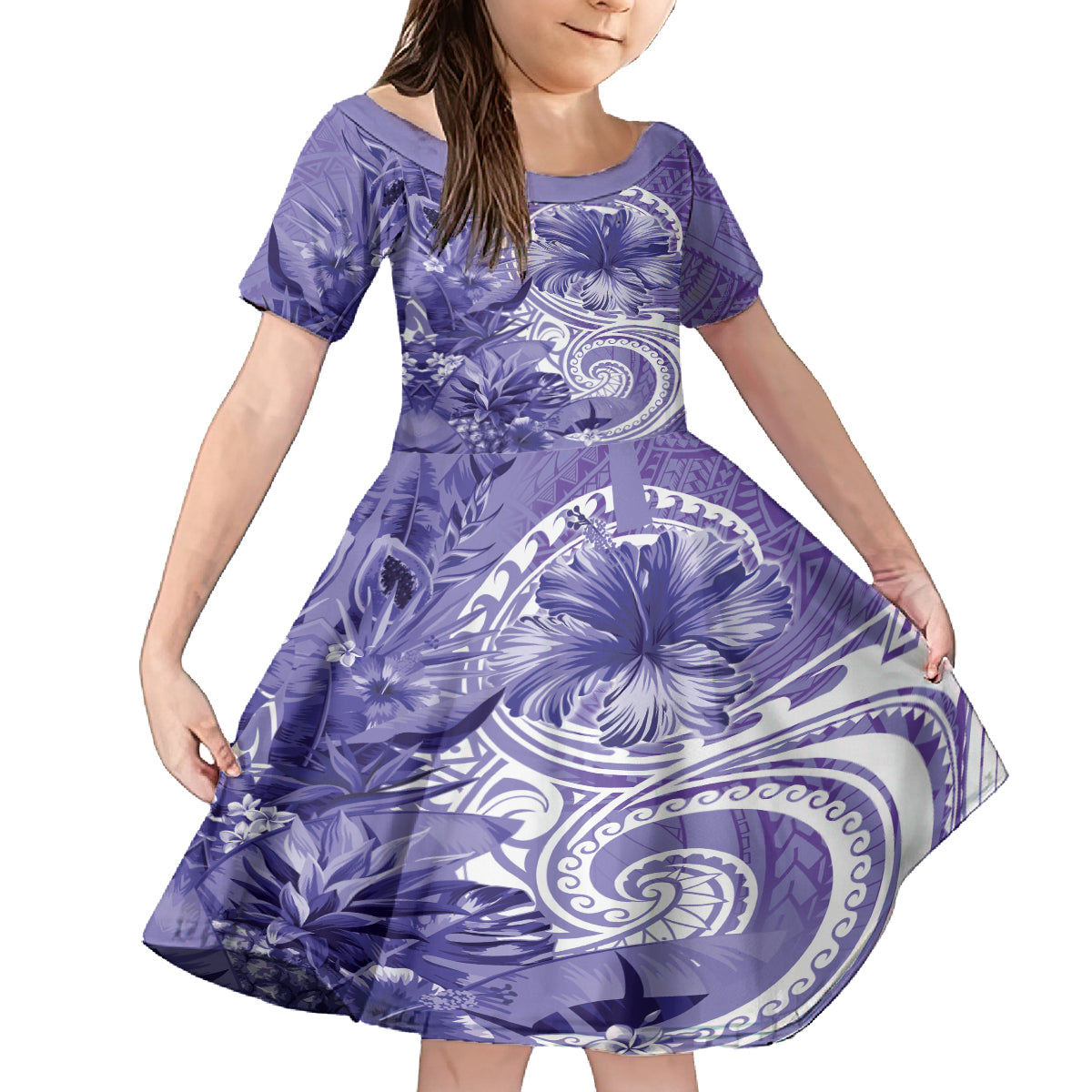 Polynesian Hibiscus Flower Tribal Family Matching Off Shoulder Short Dress and Hawaiian Shirt Violet Color LT9 Daughter's Dress Violet - Polynesian Pride