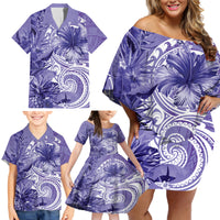 Polynesian Hibiscus Flower Tribal Family Matching Off Shoulder Short Dress and Hawaiian Shirt Violet Color LT9 - Polynesian Pride