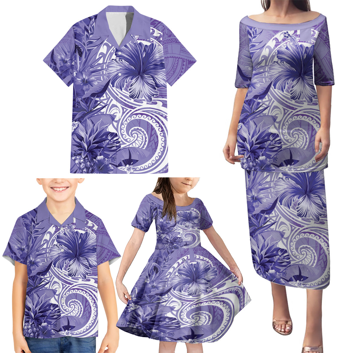 Polynesian Hibiscus Flower Tribal Family Matching Puletasi and Hawaiian Shirt Violet Color LT9 - Polynesian Pride
