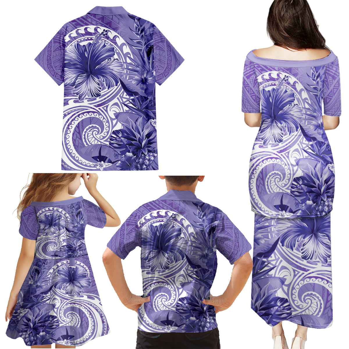 Polynesian Hibiscus Flower Tribal Family Matching Puletasi and Hawaiian Shirt Violet Color LT9 - Polynesian Pride