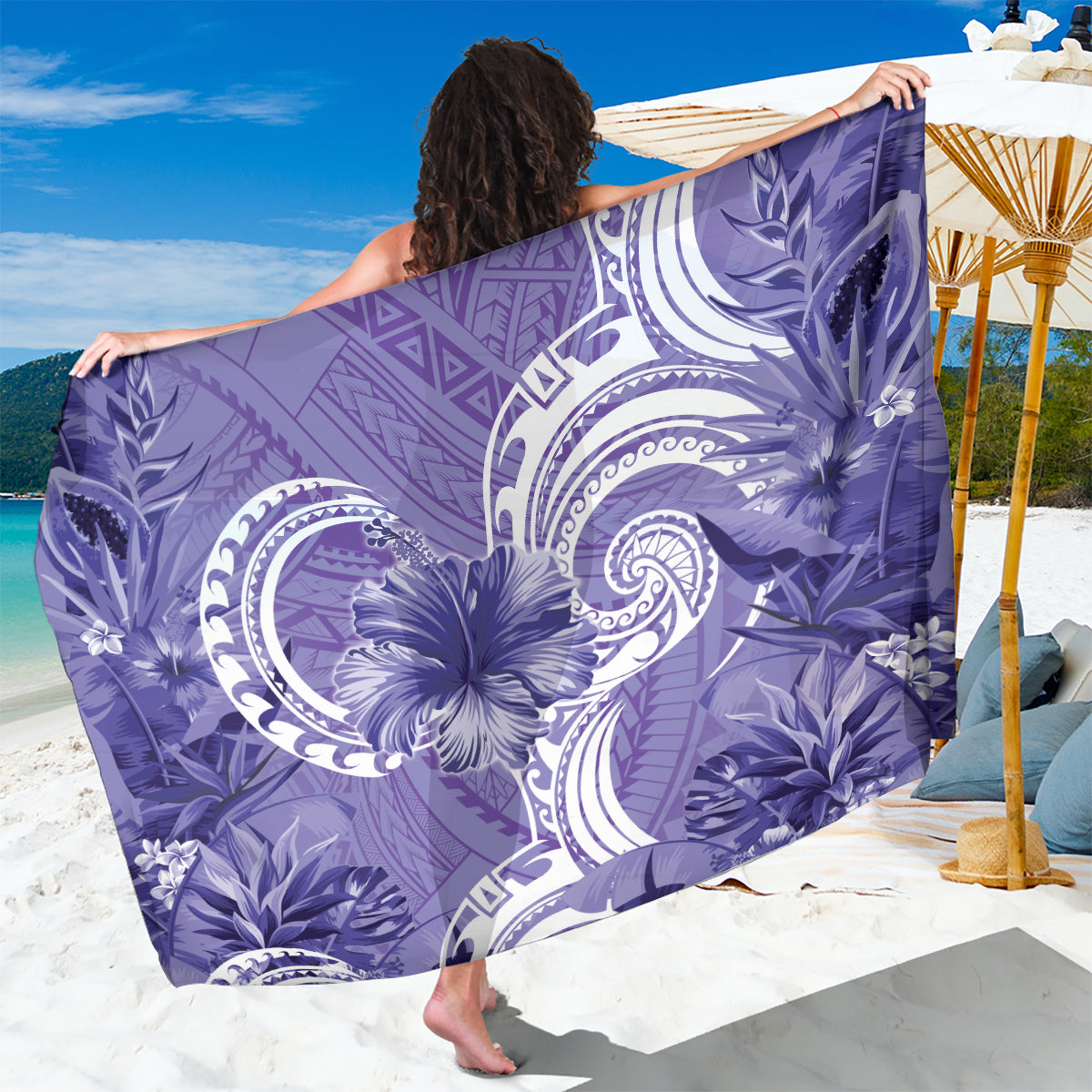 Polynesian Hibiscus Flower Tribal Sarong Violet Color