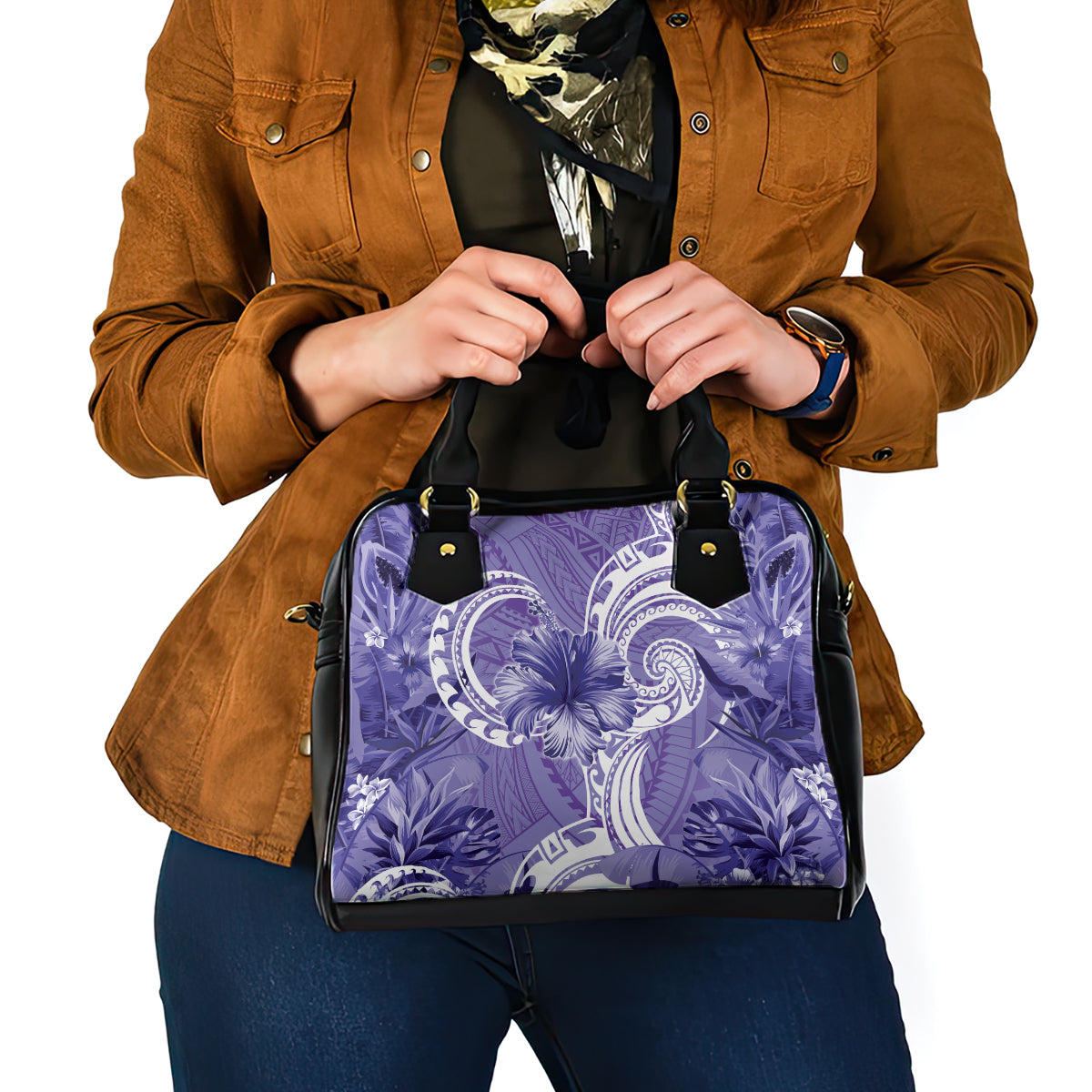 Polynesian Hibiscus Flower Tribal Shoulder Handbag Violet Color