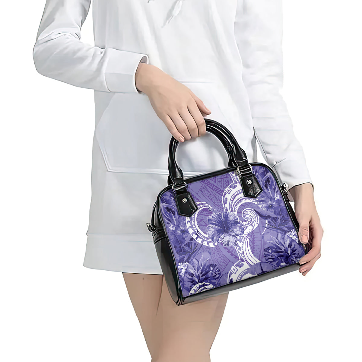 Polynesian Hibiscus Flower Tribal Shoulder Handbag Violet Color