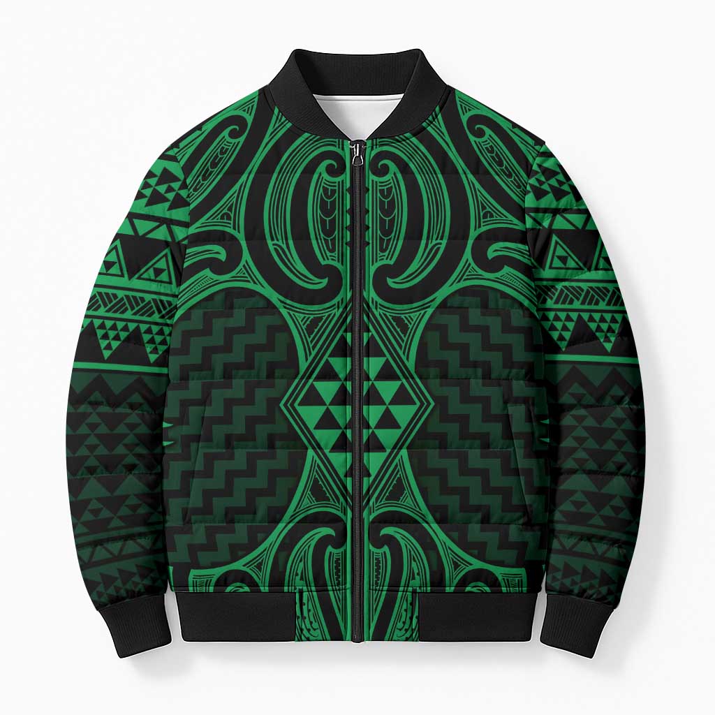 Kakariki Maori Ta Moko Poutama Art Bomber Puffer Jacket LT9 Unisex Green - Polynesian Pride