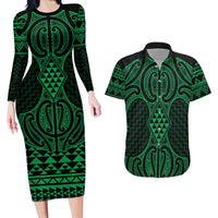Kakariki Maori Ta Moko Poutama Art Couples Matching Long Sleeve Bodycon Dress and Hawaiian Shirt LT9 Green - Polynesian Pride