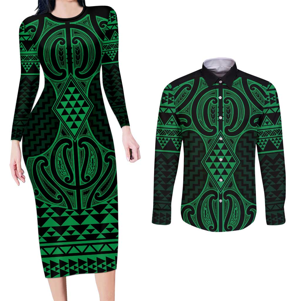Kakariki Maori Ta Moko Poutama Art Couples Matching Long Sleeve Bodycon Dress and Long Sleeve Button Shirt LT9 Green - Polynesian Pride