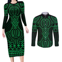 Kakariki Maori Ta Moko Poutama Art Couples Matching Long Sleeve Bodycon Dress and Long Sleeve Button Shirt LT9 Green - Polynesian Pride