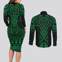 Kakariki Maori Ta Moko Poutama Art Couples Matching Long Sleeve Bodycon Dress and Long Sleeve Button Shirt LT9 - Polynesian Pride