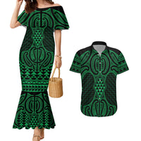 Kakariki Maori Ta Moko Poutama Art Couples Matching Mermaid Dress and Hawaiian Shirt LT9 Green - Polynesian Pride