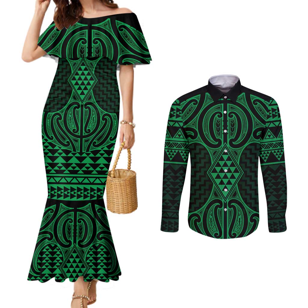 Kakariki Maori Ta Moko Poutama Art Couples Matching Mermaid Dress and Long Sleeve Button Shirt LT9 Green - Polynesian Pride