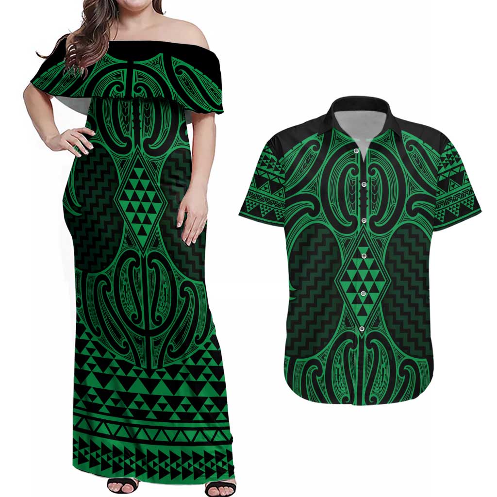 Kakariki Maori Ta Moko Poutama Art Couples Matching Off Shoulder Maxi Dress and Hawaiian Shirt LT9 Green - Polynesian Pride