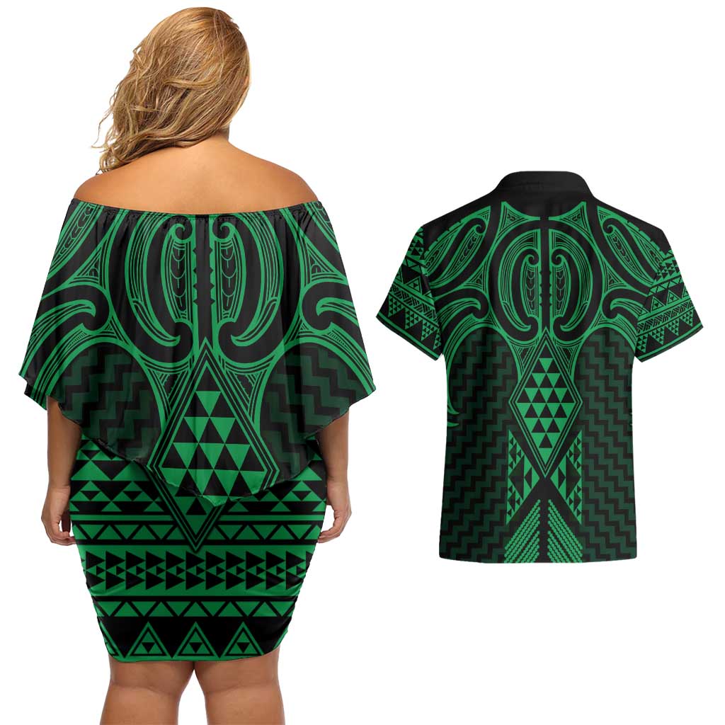 Kakariki Maori Ta Moko Poutama Art Couples Matching Off Shoulder Short Dress and Hawaiian Shirt LT9 - Polynesian Pride