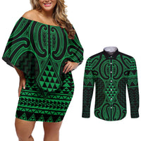 Kakariki Maori Ta Moko Poutama Art Couples Matching Off Shoulder Short Dress and Long Sleeve Button Shirt LT9 Green - Polynesian Pride