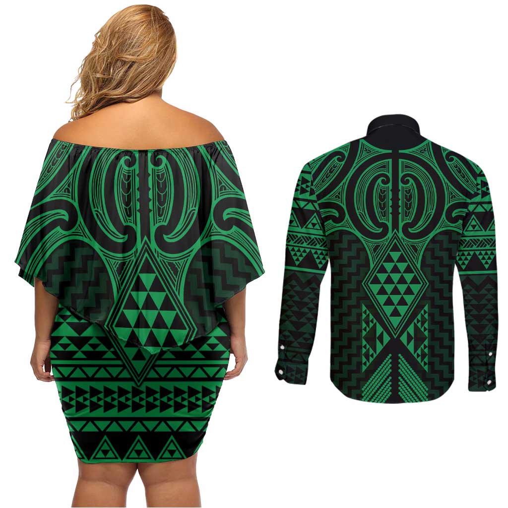 Kakariki Maori Ta Moko Poutama Art Couples Matching Off Shoulder Short Dress and Long Sleeve Button Shirt LT9 - Polynesian Pride