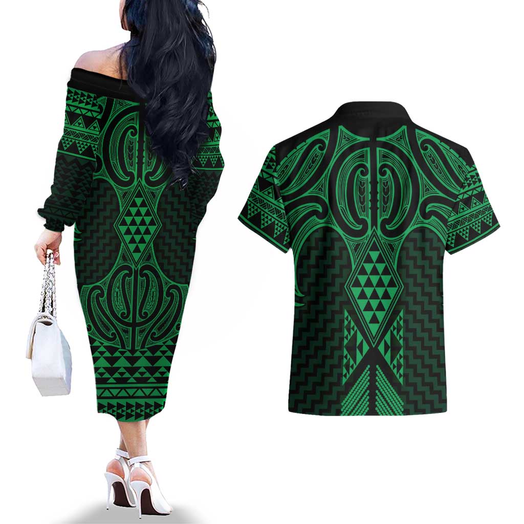 Kakariki Maori Ta Moko Poutama Art Couples Matching Off The Shoulder Long Sleeve Dress and Hawaiian Shirt LT9 - Polynesian Pride