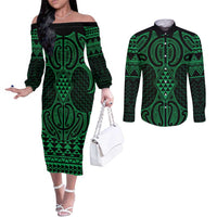 Kakariki Maori Ta Moko Poutama Art Couples Matching Off The Shoulder Long Sleeve Dress and Long Sleeve Button Shirt LT9 Green - Polynesian Pride
