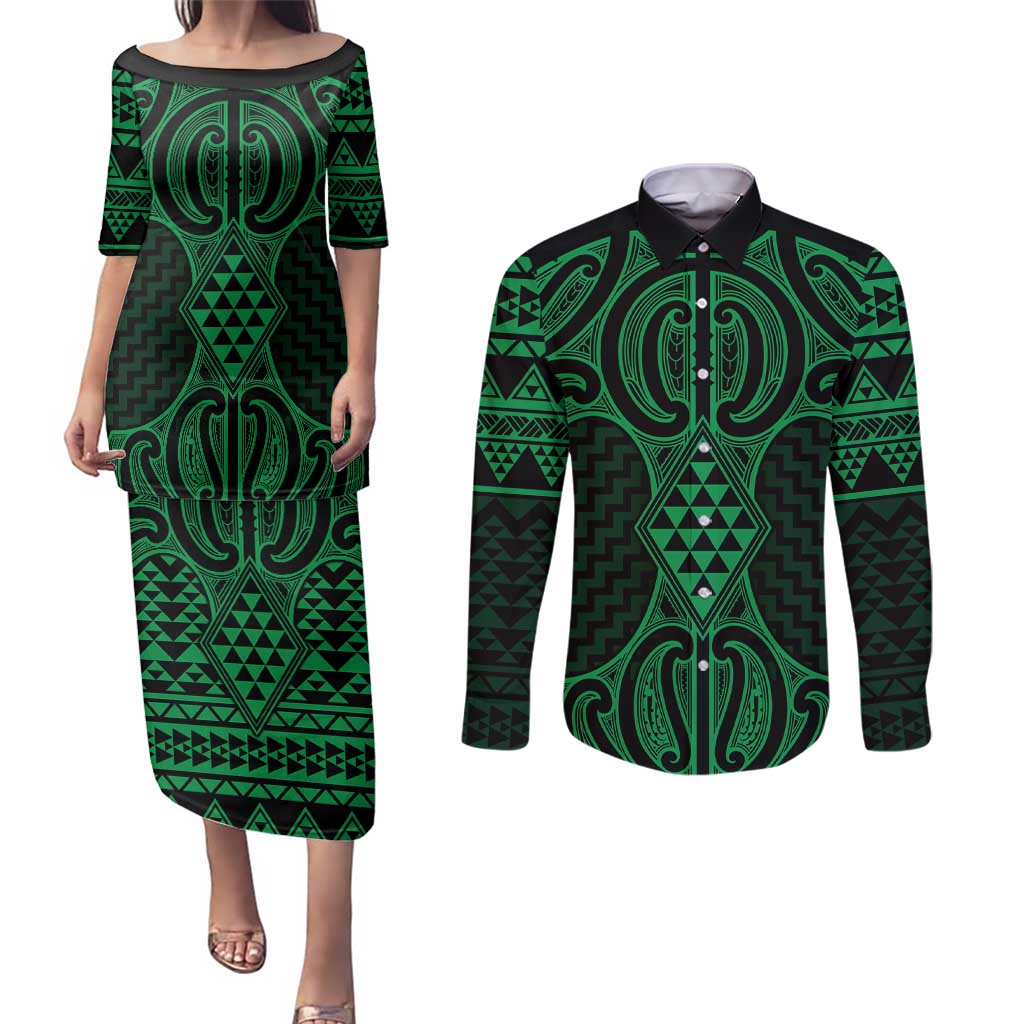 Kakariki Maori Ta Moko Poutama Art Couples Matching Puletasi and Long Sleeve Button Shirt LT9 Green - Polynesian Pride