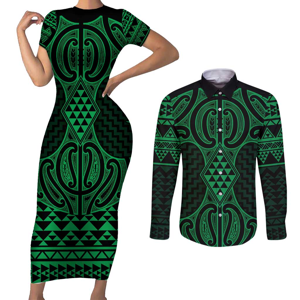 Kakariki Maori Ta Moko Poutama Art Couples Matching Short Sleeve Bodycon Dress and Long Sleeve Button Shirt LT9 Green - Polynesian Pride