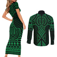 Kakariki Maori Ta Moko Poutama Art Couples Matching Short Sleeve Bodycon Dress and Long Sleeve Button Shirt LT9 - Polynesian Pride