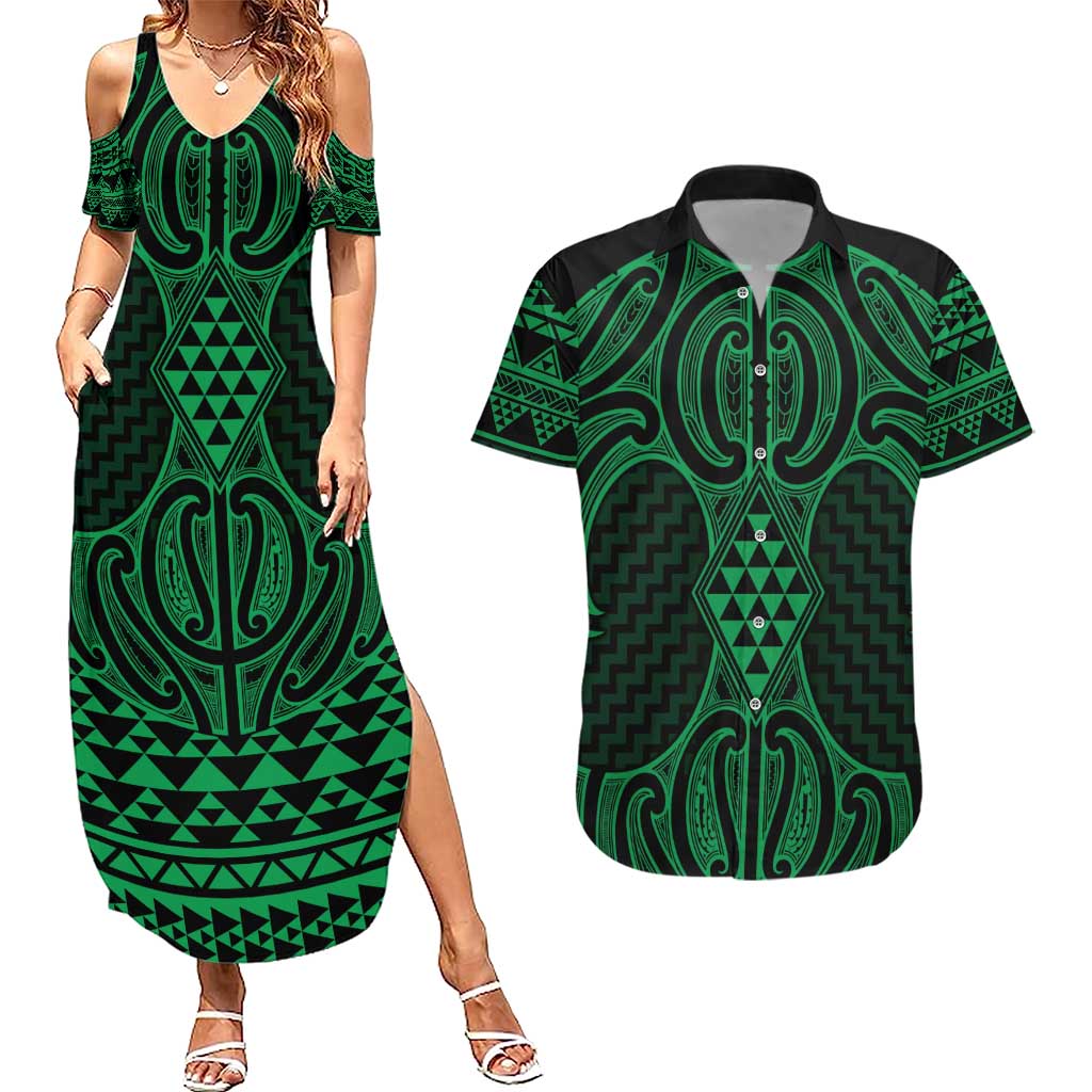 Kakariki Maori Ta Moko Poutama Art Couples Matching Summer Maxi Dress and Hawaiian Shirt LT9 Green - Polynesian Pride