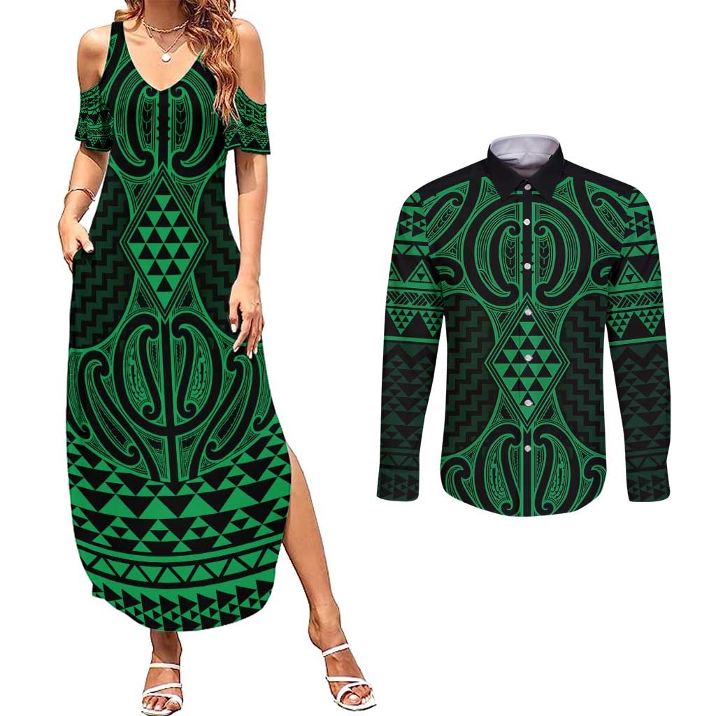 Kakariki Maori Ta Moko Poutama Art Couples Matching Summer Maxi Dress and Long Sleeve Button Shirt LT9 Green - Polynesian Pride