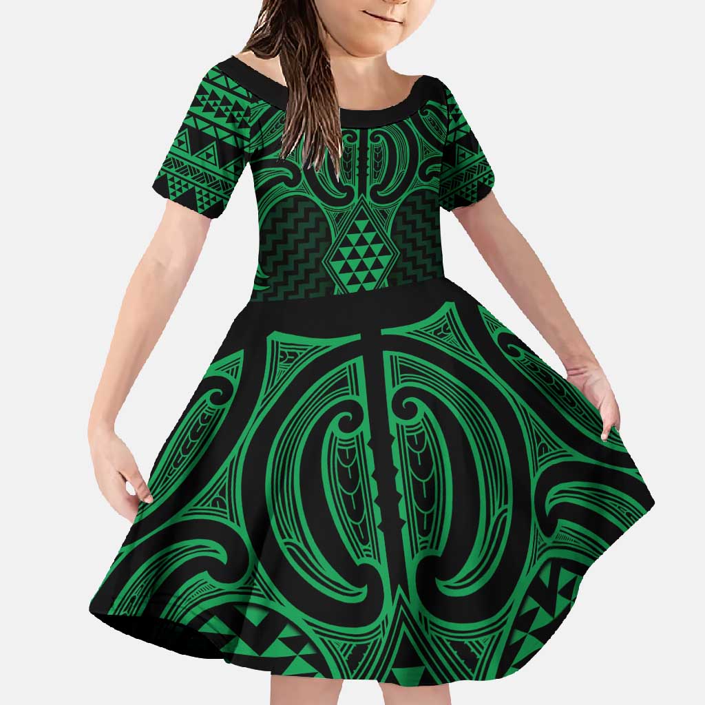 Kakariki Maori Ta Moko Poutama Art Family Matching Mermaid Dress and Hawaiian Shirt LT9 Daughter's Dress Green - Polynesian Pride