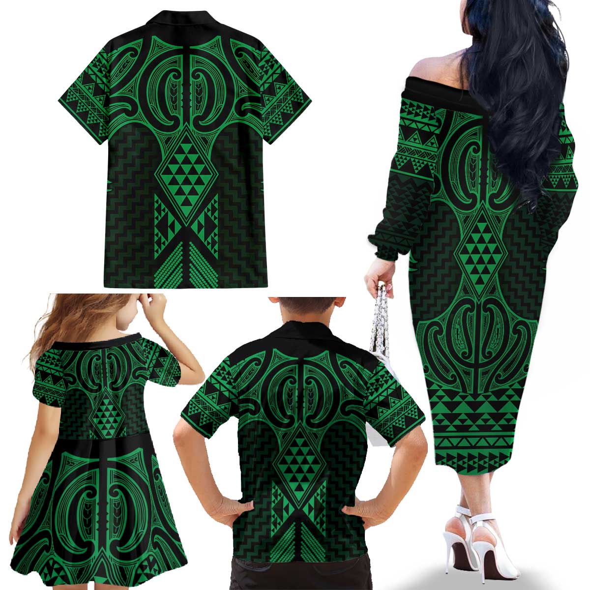 Kakariki Maori Ta Moko Poutama Art Family Matching Off The Shoulder Long Sleeve Dress and Hawaiian Shirt LT9 - Polynesian Pride