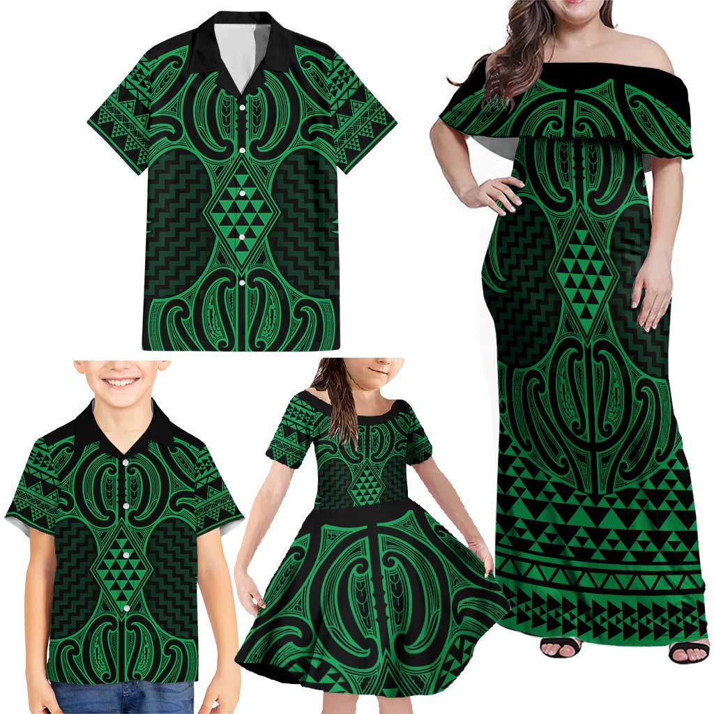 Kakariki Maori Ta Moko Poutama Art Family Matching Off Shoulder Maxi Dress and Hawaiian Shirt LT9 - Polynesian Pride