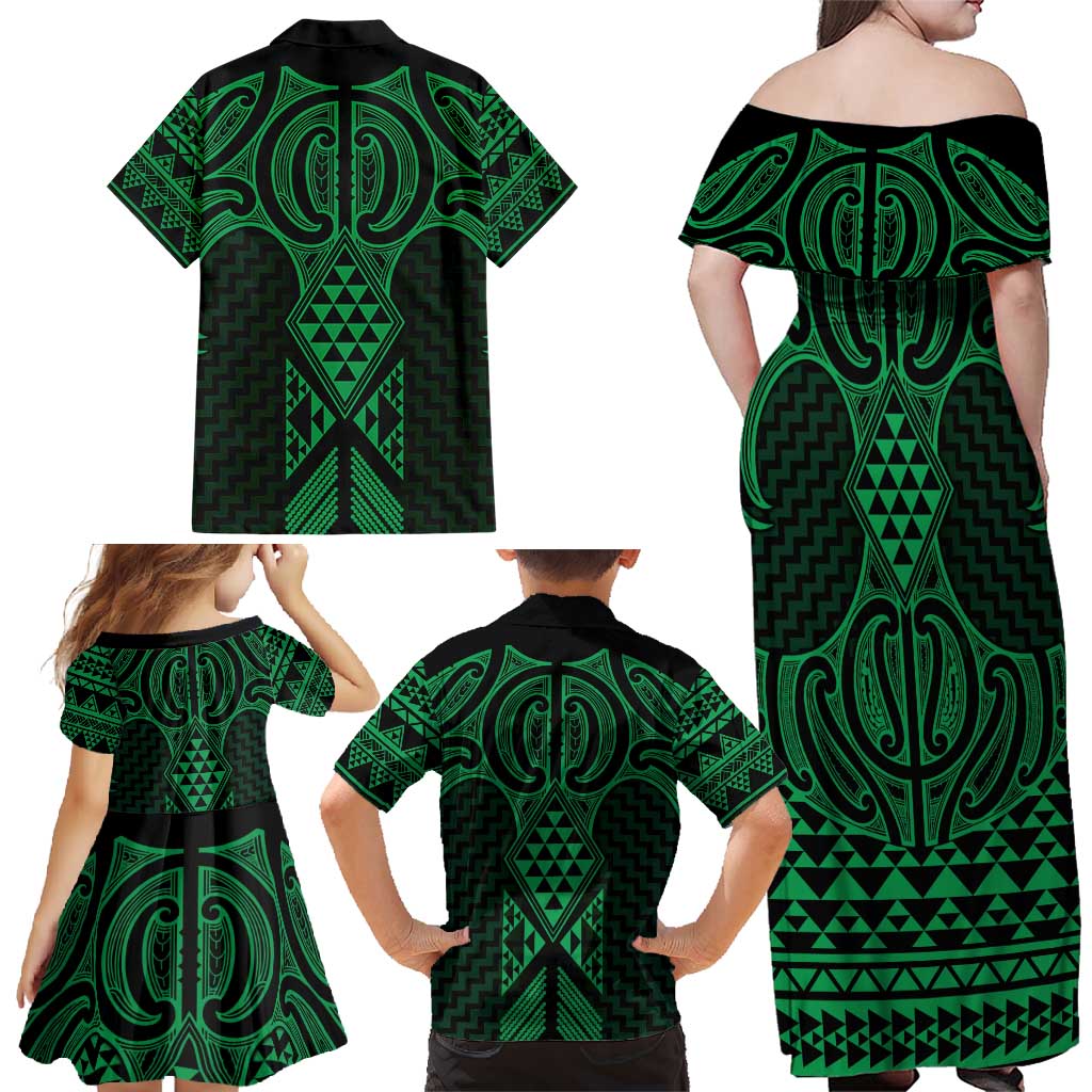 Kakariki Maori Ta Moko Poutama Art Family Matching Off Shoulder Maxi Dress and Hawaiian Shirt LT9 - Polynesian Pride