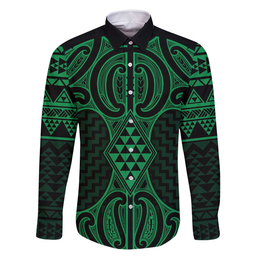 Kakariki Maori Ta Moko Poutama Art Family Matching Off Shoulder Maxi Dress and Hawaiian Shirt LT9 Dad's Shirt - Long Sleeve Green - Polynesian Pride