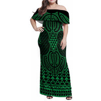 Kakariki Maori Ta Moko Poutama Art Family Matching Off Shoulder Maxi Dress and Hawaiian Shirt LT9 Mom's Dress Green - Polynesian Pride
