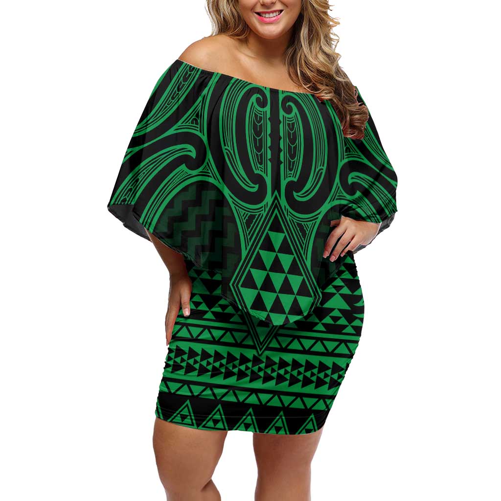 Kakariki Maori Ta Moko Poutama Art Family Matching Off Shoulder Short Dress and Hawaiian Shirt LT9 Mom's Dress Green - Polynesian Pride