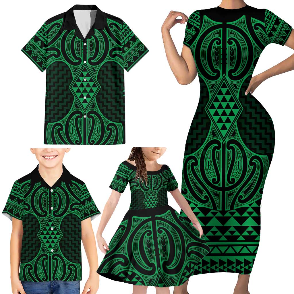 Kakariki Maori Ta Moko Poutama Art Family Matching Short Sleeve Bodycon Dress and Hawaiian Shirt LT9 - Polynesian Pride