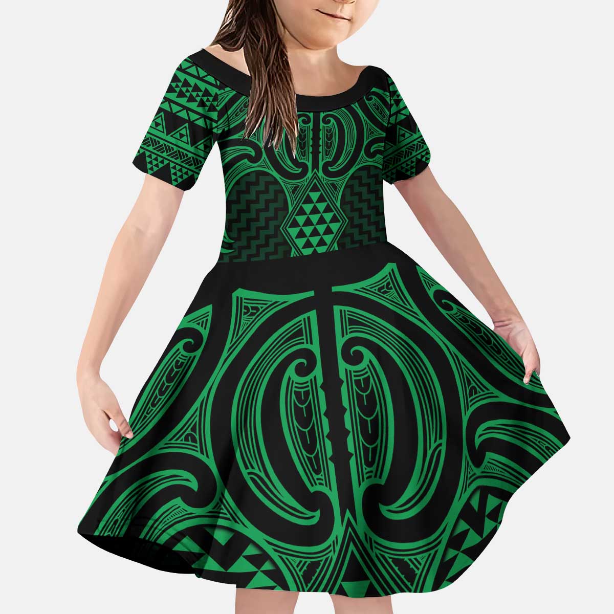 Kakariki Maori Ta Moko Poutama Art Kid Short Sleeve Dress LT9 KID Green - Polynesian Pride