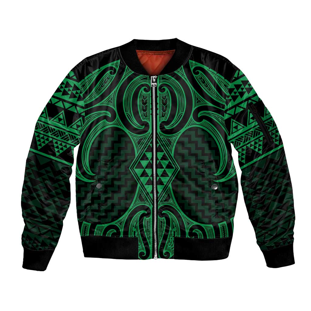 Kakariki Maori Ta Moko Poutama Art Sleeve Zip Bomber Jacket LT9 Unisex Green - Polynesian Pride