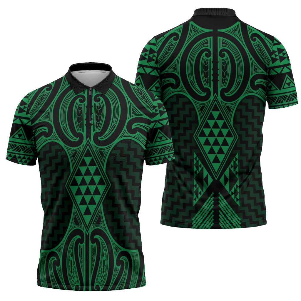 Kakariki Maori Ta Moko Poutama Art Zipper Polo Shirt - Polynesian Pride